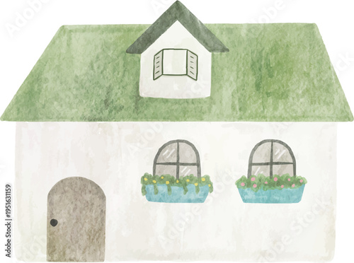 watercolor summer house green roof dreamy cottage hand drawn illustration