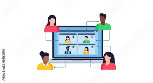 Online Video Conferencing Meeting Illustration. Remote Team Working Together on Laptop Screen.