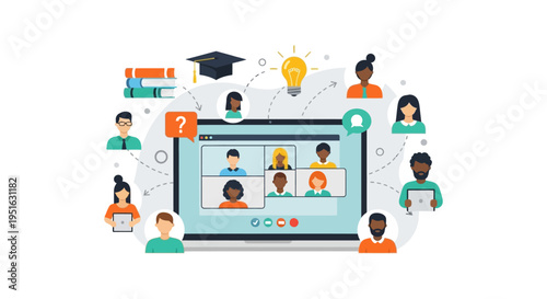 Online Video Conference and E-Learning Concept. Virtual classroom meeting with diverse students, graduation cap, lightbulb, and books on a laptop screen.