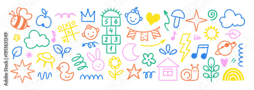 Crayon and pastel sketches, pastel flowers, rainbows, and cute doodles ideal for playful kids' art projects and designs. Color vector illustration.