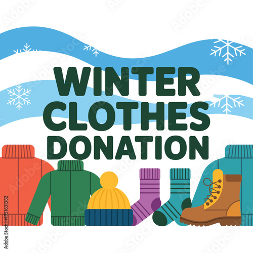 A colorful illustration promoting winter clothes donation with snowflakes