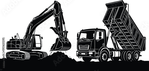 Black vector silhouette of crawler excavator digging earth and tipper dump truck unloading soil on construction site for civil engineering and infrastructure development