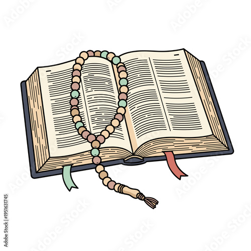 Open Bible with colorfully beaded prayer rosary on pages, transparent background    