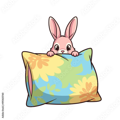 Cute bunny hiding behind bright pillow, transparent background    