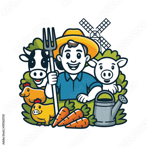 A cartoon farmer with animals and gardening tools on a farm