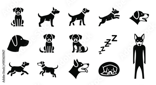 Dog vector icons set with various poses and breeds in black flat style isolated on white background