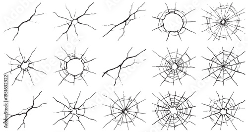 Ice Crack Patterns Set, Realistic crack patterns, broken glass patterns, Editable Vector Stroke Illustration. featuring vector, illustration, crack, broken, glass, shatter, hole, spiderweb, line more.