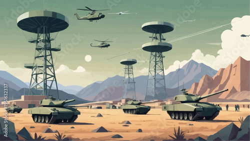 Cubism Military Base Landscape with Watchtower Radar Vector Illustration