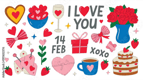 A vibrant illustration celebrates Valentine's Day with hearts, gifts, and sweet treats on a table.
