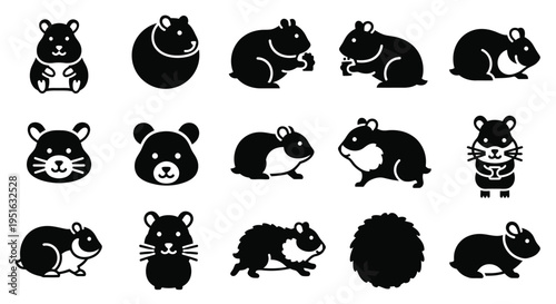 Set of cute hamster icons, funny rodent animals in different poses, black silhouette illustration