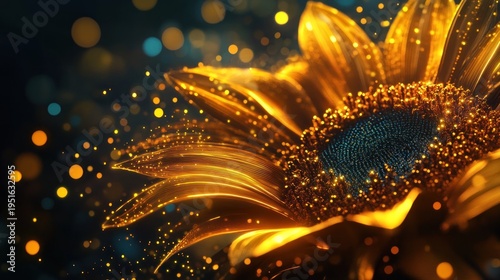 Golden sunflower in vibrant bokeh