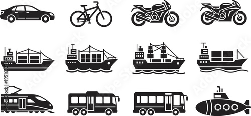 Car, bicycle, motorcycle, cargo ship, container ship, fishing vessel, high‑speed train, city bus, submarine, black and white vector illustration, transportation silhouette icons, 