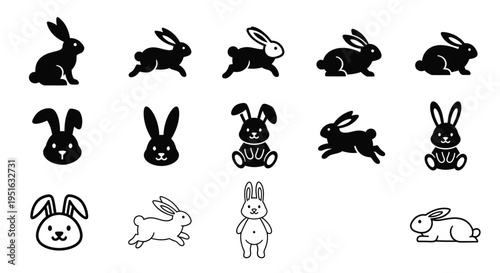 Vector rabbit icons including solid silhouettes and outlined jumping bunny shapes