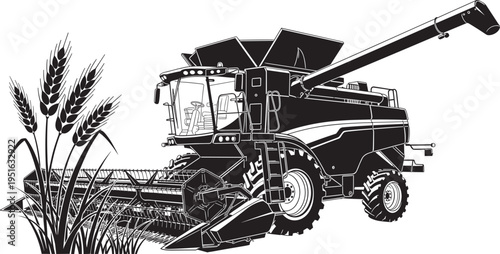 Combine harvester agricultural machine, wheat harvesting, modern farming technology, large wheels, operator cabin, unloading auger, crop harvesting equipment, black and white vector illustration