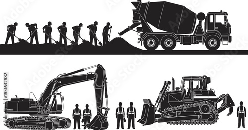 Construction workers with shovels, concrete mixer truck, excavator, bulldozer, heavy machinery, teamwork, safety helmets, industrial site, black and white vector illustration, construction equipment 