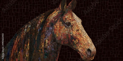 a mosaic of a horse head, made from square tiles of varying sizes and colors. the background is a dark brown.