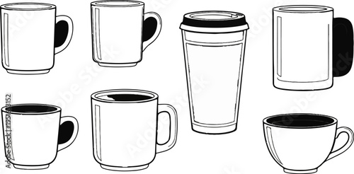 Collection of various ceramic and paper beverage containers, including mugs and a travel cup