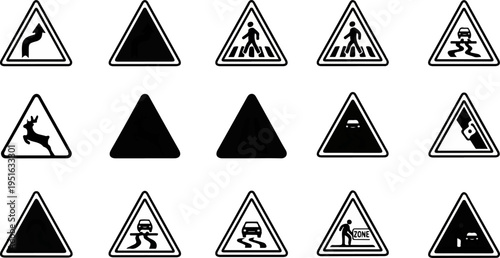 Collection of triangular traffic warning signs with diverse pictograms