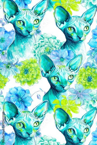 seamless pattern of sphinx cats art of bold watercolor, light blue and neon green flowers on a white background