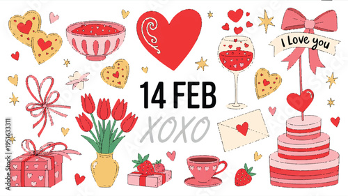A whimsical Valentine's Day illustration features festive gifts and sweet treats on a table.