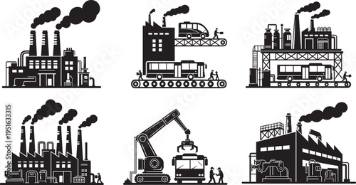 Factory smokestacks, manufacturing plant, train assembly line, robotic arm, bus inspection, industrial machinery, workers, gear mechanism, black and white vector illustration, industrial production 