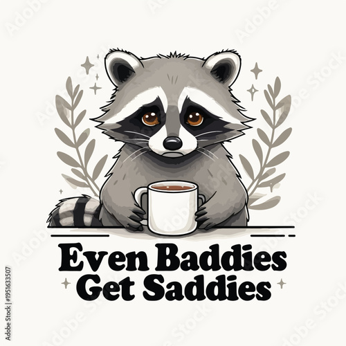 Adorable cartoon raccoon with a crestfallen expression, holding a comforting cup of warm coffee or tea, conveying a sense of gentle melancholy.