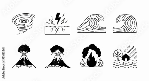 Collection of stylized icons representing natural disaster phenomena