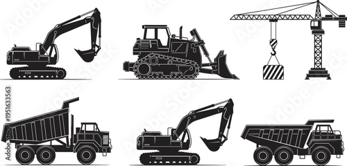 Excavator, bulldozer, tower crane, dump truck, heavy construction machinery, mining equipment, industrial vehicles, black and white vector illustration, construction site silhouette