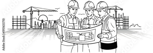 Construction workers review blueprints with cranes and unfinished buildings in background