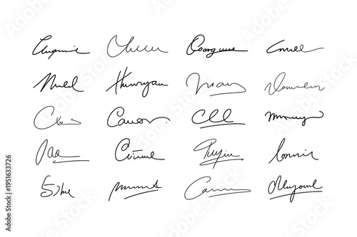 Handwritten Signature Set. Elegant Cursive Autographs, Modern Ink Pen Signatures, Stylish Name Writing and Personal Branding Signature Collection. Vector Illustration.