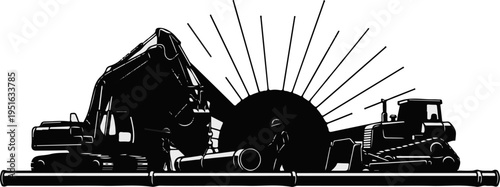 Construction scene with heavy machinery, pipes, and a sunrise