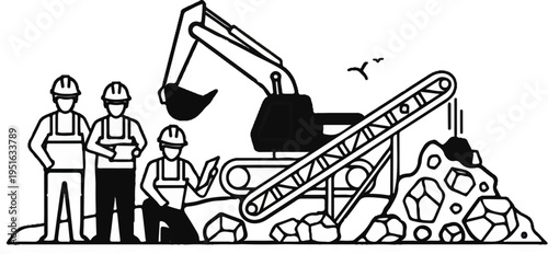 Construction workers operate an excavator and conveyor belt near rocks