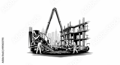 Construction workers pour concrete into building foundations with a cement mixer