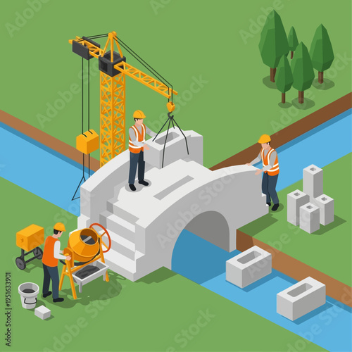 Isometric illustration of bridge construction, featuring workers, a crane, and building materials.
