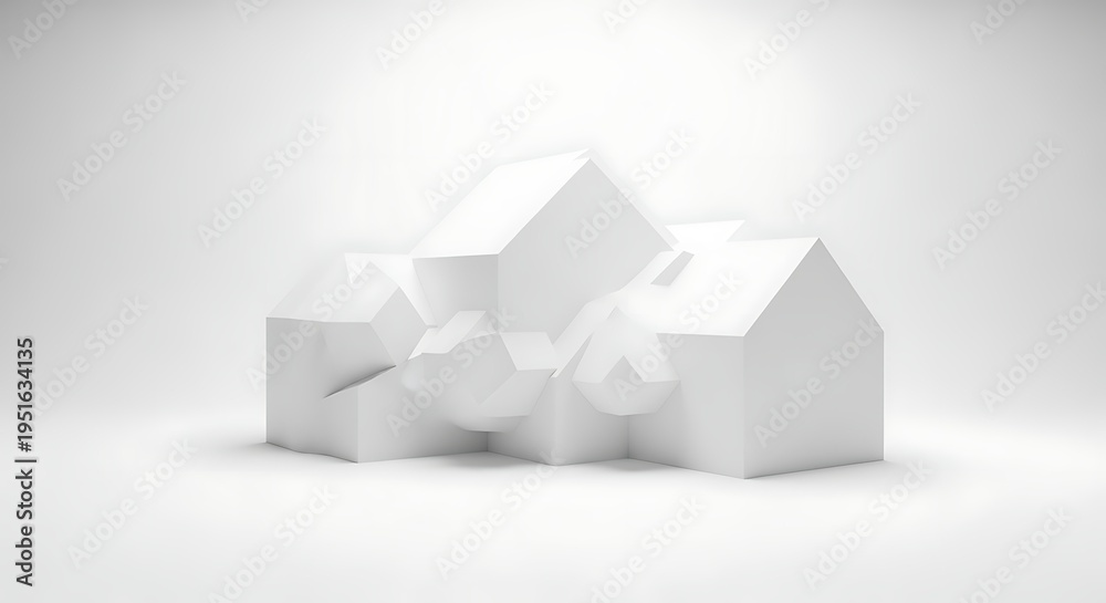 Fototapeta premium Abstract white geometric house-like structures with spherical elements on a clean minimalist background.