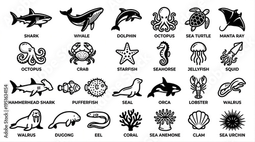 Ocean Animal Icons Collection Marine Life Vector Set Minimalist Black Illustration