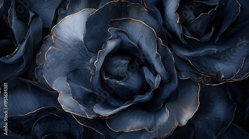 Close-up of dark blue flowers with gold accents