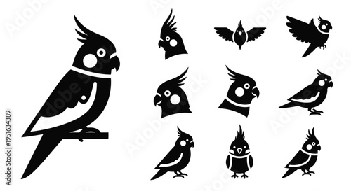 Cockatiel parrot bird silhouette icons and profile illustrations for pet lovers