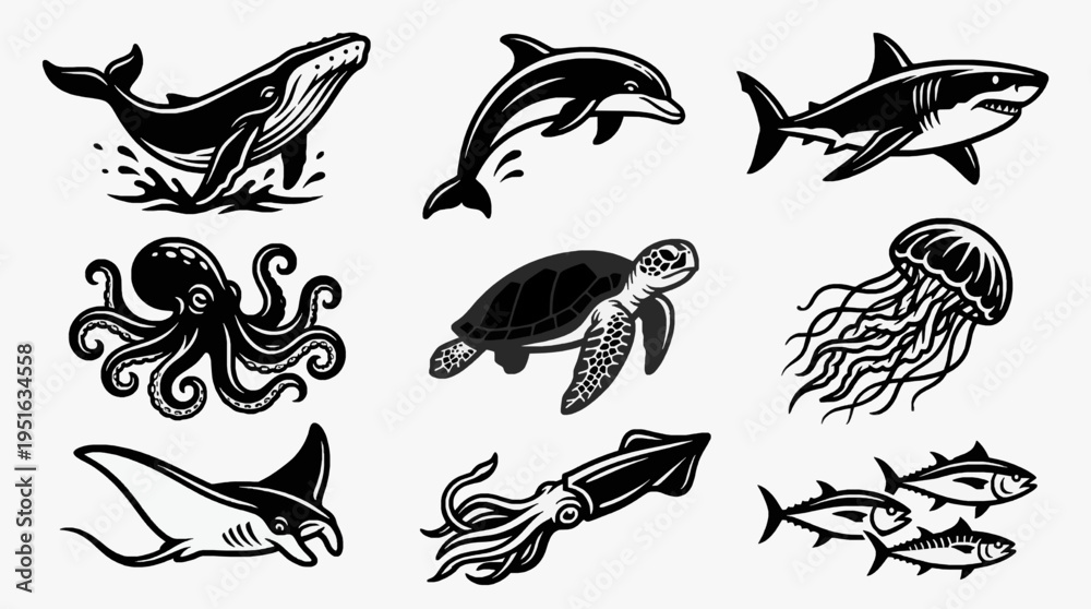 Obraz premium Ocean Creatures Vector Set Marine Life Animals Silhouette Illustration Pack