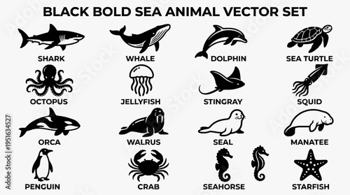 Sea Animals Vector Set Whale Shark Dolphin Octopus Ocean Creatures Black Silhouette
