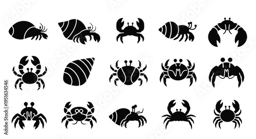 Crab and hermit crab silhouette icons in various poses for ocean themes