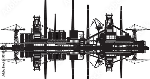Flat vector illustration of industrial complex, factory silhouette, smokestacks, cranes, refinery buildings, heavy industry, urban infrastructure, mirrored reflection, black industrial icons
