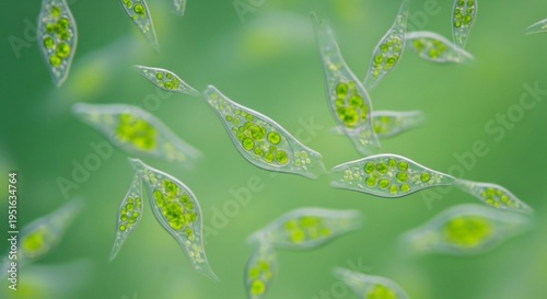 Microscopic View of Green Euglena Algae Cells Swimming in Water.