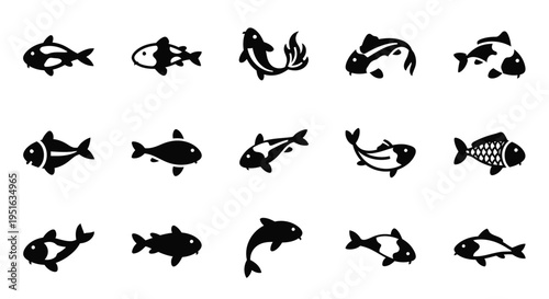 Fish silhouette vector icons collection, featuring various types of fish in different swimming poses, set against white background, simple and elegant aquatic animal clip art