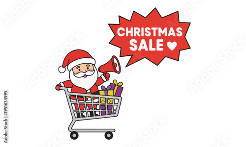 Santa Claus with megaphone in shopping cart for Christmas sale