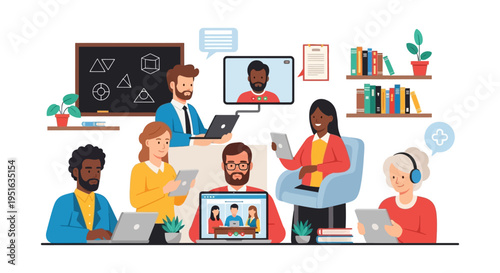 Diverse Team Virtual Meeting. Online Education, E-Learning, and Remote Collaboration. Digital Classroom Conference Illustration.