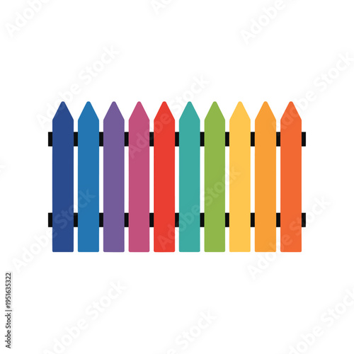 A colorful wooden picket fence isolated on a white background