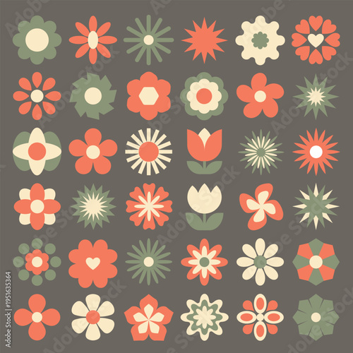 flower, flowers, geometric, stylized, set, grid, icon, icons, pattern, modern, minimalistic, design, illustration, vector, abstract, shape, shapes, heart, petal, center, ornament, decor, decorat