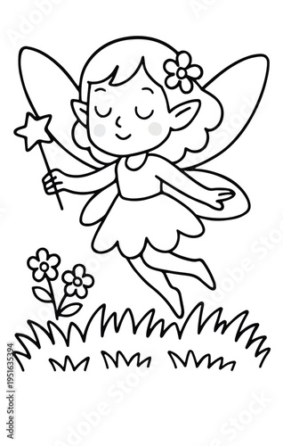 A charming outline illustration depicts a cute whimsical fairy holding a magic wand, gracefully floating above grass and flowers, perfect for coloring fun.