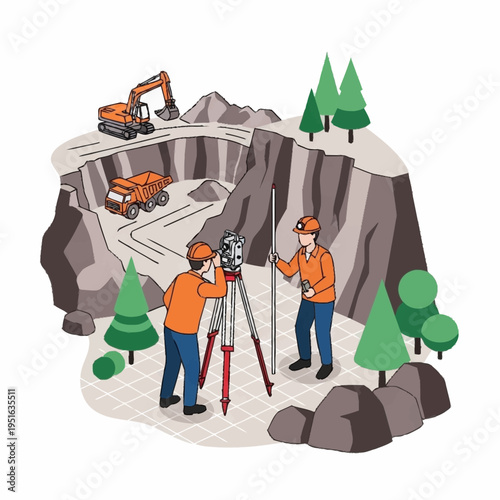 Surveyors Using Theodolite in Open Pit Mine.